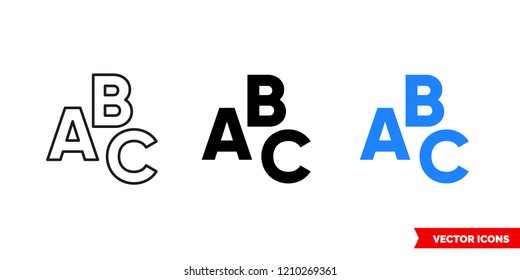 ABC icon of 3 types: color, black and white, outline. Isolated vector sign symbol.