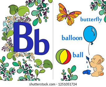 ABC. Illustrated English alphabet. Education. Training.  For preschoolers. The cute little animals. Vector illustration. Letter B.  Learning letters. For children and their parents.