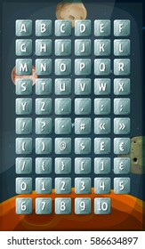 ABC Keyboard Buttons On Space Background/
Illustration of a funny set of abc buttons and icons on space cosmic game background, in cartoon style with stars and planets for mobile app