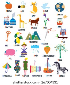 Abc for kids with animals, objects, toys and flowers