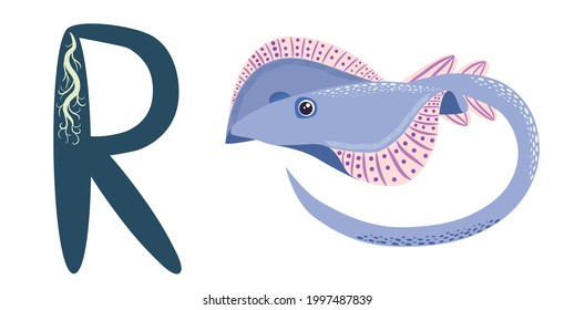 ABC kids letter ray fish Blue spotted sea animal cartoon character Ocean animal, cramp fish Stingray fish for illustration, wildlife design Funny sea animal alphabet