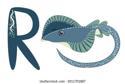 ABC kids letter ray fish Blue spotted sea animal cartoon character Ocean animal, cramp fish Stingray fish for illustration, wildlife design Funny sea animal alphabet