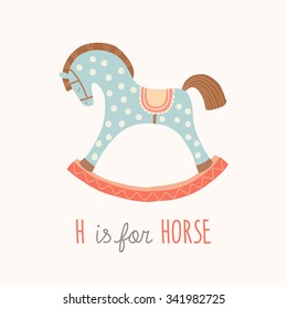ABC Kids Wall Art. Toy Alphabet Card. Nursery alphabet poster wall art. Playroom decor. H is for Horse. Blue rocking horse. Cartoon vector clipart eps 10 illustration isolated on white background.