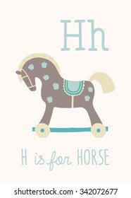 ABC Kids Wall Art. Toy Alphabet Card. Nursery alphabet poster wall art. Playroom decor. H is for Horse. Cute toy horse. Cartoon vector clipart eps 10 illustration isolated on white background.