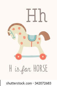 ABC Kids Wall Art. Toy Alphabet Card. Nursery alphabet poster wall art. Playroom decor. H is for Horse. Cute toy horse. Cartoon vector clipart eps 10 illustration isolated on white background.