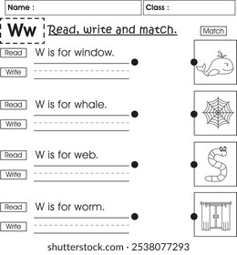 Hoja de trabajo de ABC para niños: Leer, escribir y hacer coincidir (Letra W)