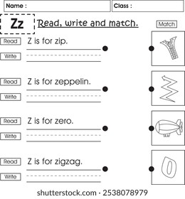 ABC kids worksheet : Read, write and match (Letter Z)