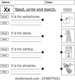 Hoja de trabajo de ABC kids: Leer, escribir y hacer coincidir (Letra X)