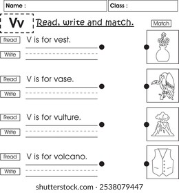 ABC kids worksheet : Read, write and match (Letter V)