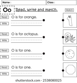 ABC kids worksheet : Read, write and match (Letter O)