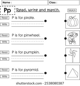 ABC kids worksheet : Read, write and match (Letter P)