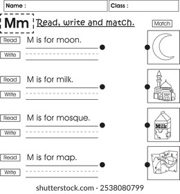 ABC kids worksheet : Read, write and match (Letter M)
