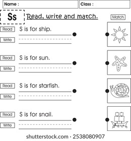 ABC kids worksheet : Read, write and match (Letter S)
