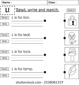 Hoja de trabajo ABC para niños: Leer, escribir y hacer coincidir (Letra L)