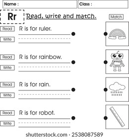 Hoja de trabajo de ABC kids: Leer, escribir y hacer coincidir (Letra R)