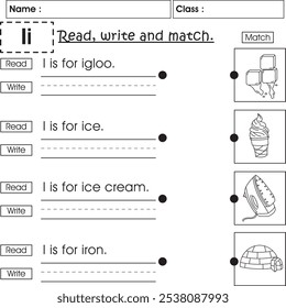 ABC kids worksheet : Read, write and match (Letter I)