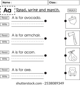 ABC-Arbeitsblatt für Kinder: Lesen, Schreiben und Übereinstimmen (Buchstabe A)