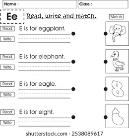 ABC kids worksheet : Read, write and match (Letter E)