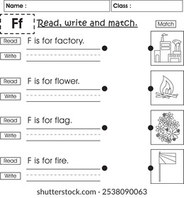 Hoja de trabajo ABC para niños: Leer, escribir y hacer coincidir (Letra F)