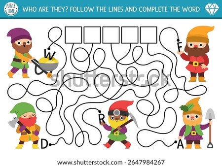 ABC labyrinth game with dwarf. Fairytale alphabet maze activity for preschool kids. Follow lines to find out the name of creatures. Magic creature printable activity with gnome