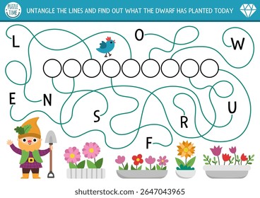 ABC labyrinth game with dwarf gardener. Fairytale alphabet maze activity for preschool kids. Follow lines to find out what gnome planted. Magic creature printable activity with flower