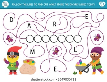 Jogo de labirinto ABC com trabalhadores anões, pedras preciosas. Atividade de labirinto alfabeto de conto de fadas para crianças pré-escolares. Siga as linhas para descobrir o que gnome gem minerou. Atividade imprimível de criatura mágica