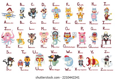 ABC Latin Alphabet Cute Animal Professions Letter A-z In Flat Cartoon Style