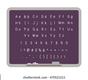 ABC. Latin alphabet on the blackboard. Digits and special symbols. Cartoon vector flat-style concept illustration