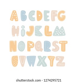 ABC - Latin alphabet. Unique hand drawn nursery poster with handdrawn letters in scandinavian style. Vector illustration. Colored letters on white background.