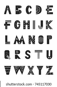 ABC - Latin alphabet. Unique nursery poster with letters in scandinavian style. Vector illustration.