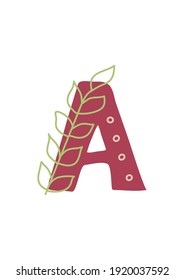 ABC. Latin althabet. Letter A. Floral boho style. Pink color palette. Vector illustration.