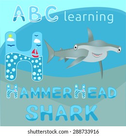 ABC learning H letter Sea animal alphabet Smiling hammerhead shark Big bizarre fish cartoon character Cartoon big grey shark Great for kids illustration, t shirt print, animal and wildlife design 