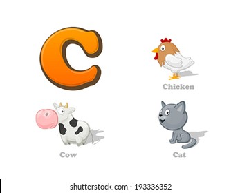 ABC letter C funny kid icons set: chicken, cow, cat.  Alphabet children education collection.