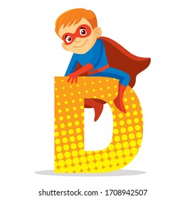 ABC Letter D Superhero Boy Cartoon character Vector illustration T-shirt design