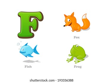 ABC letter F funny kid icons set: fox, fish, frog.  Alphabet children education collection.