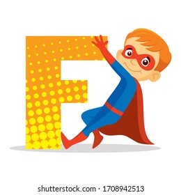 ABC Letter F Superhero Boy Cartoon character Vector illustration T-shirt design