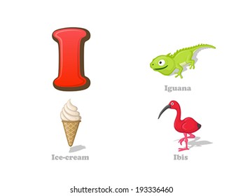 ABC letter I funny kid icons set: iguana, ice cream, ibis.  Alphabet children education collection.