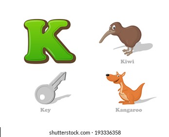ABC letter K funny kid icons set: kiwi bird, key, kangaroo.  Alphabet children education collection.