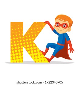 ABC Letter K Superhero Boy Cartoon character Vector illustration