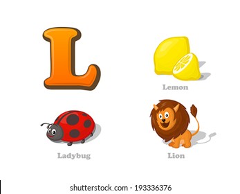 ABC letter L funny kid icons set: lemon, ladybug, lion.  Alphabet children education collection.