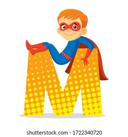 ABC Letter M Superhero Boy Cartoon character Vector illustration