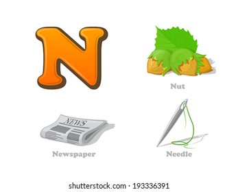 ABC letter N funny kid icons set: nut, newsletter, needle.  Alphabet children education collection.