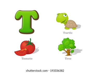 ABC letter T funny kid icons set: turtle, tomato, tree.  Alphabet children education collection.