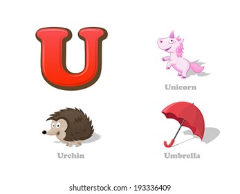 ABC letter U funny kid icons set: unicorn, urchin, umbrella.  Alphabet children education collection.