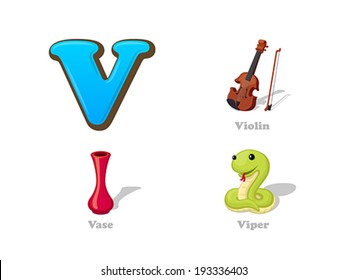 ABC letter V funny kid icons set: violin, vase, viper.  Alphabet children education collection.