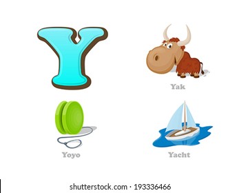 ABC letter Y funny kid icons set: yak, yo-yo, yacht.  Alphabet children education collection.