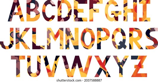 Abc letters for different design. Abc font.  Latin uppercase alphabet letters. Creative bright colors orange, yellow, red, violet, purple.