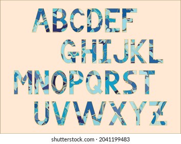 Abc letters for different design. Abc font.  Latin uppercase alphabet letters. Blue winter colors with golden stroke.