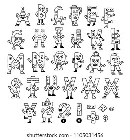 ABC Letters Doodle Characters. Black And White Drawing. Vector Illustration.