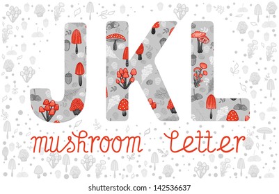 ABC, letters J, K, L. Mushrooms and forest elements in colorful alphabet. Autumn forest ABC symbols